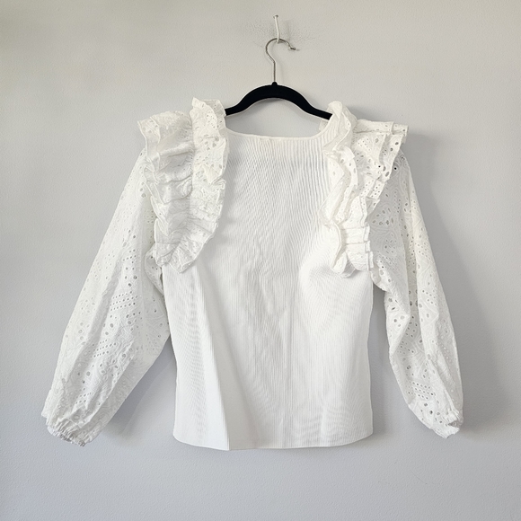 ANTHROPOLOGIE DOLAN Eyelet Ruffle-Sleeve White Sweater - Picture 9 of 9